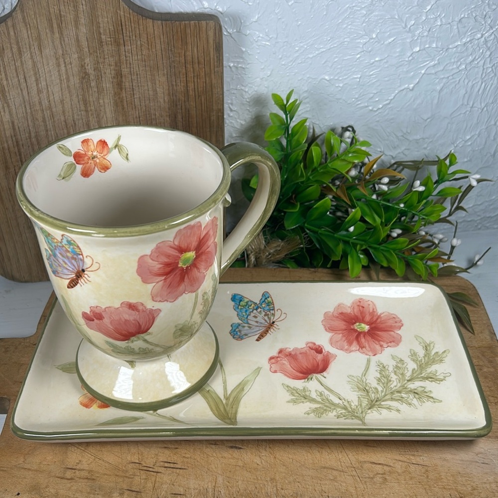 Butterfly Garden Mug Tray Set Stoneware Plate Large Mug Luncheon/Meal Set